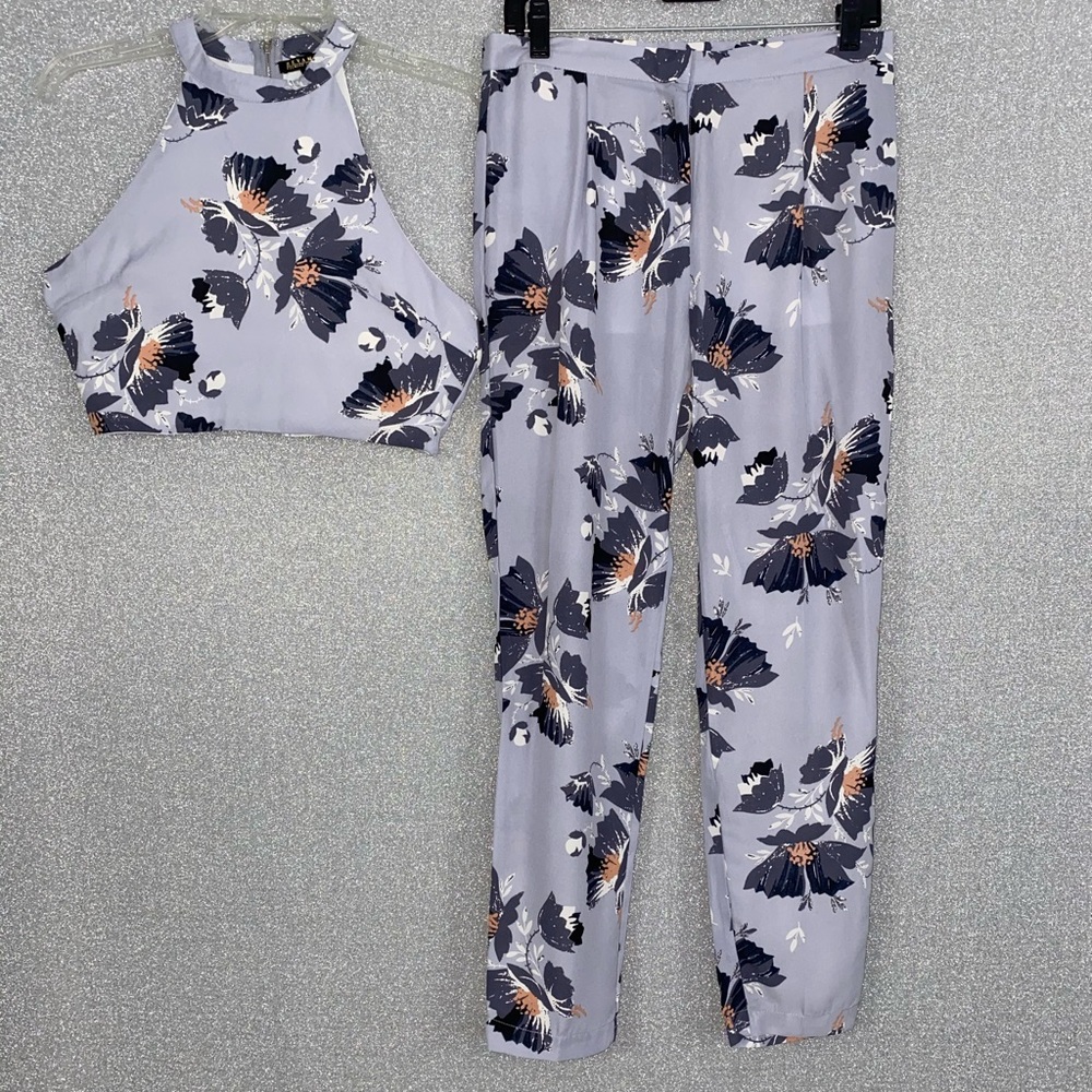 Blue Flowery Crop Top & Pants 2pc. Set